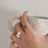wholesale 925 Sterling Silver Enamel Heart Bow Adjustable Ring Women's Korean New Ins Trendy Versatile Statement Ring-Black version (pure silver)