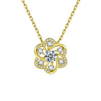 S925 Sterling Silver Moissanite Lace-Trimmed Hollow Pendant Fully-Set Floral Collarbone Necklace-50-point moissanite necklace (gold)  925 silver