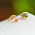 wholesale 925 Sterling Silver with Hetian Jade Inlaid New Chinese Palace Style Cabochon Jasper Stud Earrings for Women-0-2