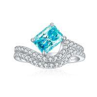 wholesale 925 Sterling Silver 6*8 Radiant Ruby Ring with High Carbon Diamond Gemstone Ring Set-Fireworks G-31 Sky Blue US size 7#