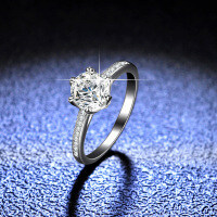 Sterling Silver D Color Moissanite Ring, 1 Carat Six-Prong Classic Style-1 carat (eight hearts and eight arrows zircon)  17 yards
