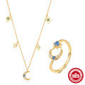 wholesale S925 Sterling Silver Adjustable Stackable Star and Moon Opal Necklace and Ring Set-0-7
