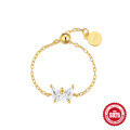 wholesale S925 Sterling Silver Adjustable Star-Shaped Butterfly Chain Ring with Crystal Accents-0-5