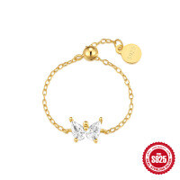 wholesale S925 Sterling Silver Adjustable Star-Shaped Butterfly Chain Ring with Crystal Accents-Gold#1 Adjustable opening