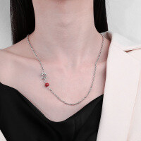 wholesale S925 Sterling Silver Creative Vintage Wheat Ear Design with Splice Southern Red Agate Chinese Style Statement Collarbone Necklace-400FL/approx. 6.65g 925 silver