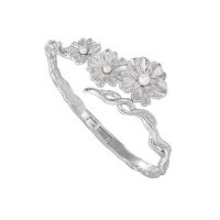 wholesale S925 Sterling Silver 723-1 Korean Version Ins Minimalist Style Niche Vintage Pearl Flower Adjustable Bangle for Women-Platinum 925 silver