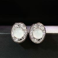 wholesale S925 Silver Needle Chalcedony Stud Earrings Egg Surface High Ice Agate Imperial Green Silver Earrings Factory Direct New Chinese Style Set-Chalcedony-ED184-T