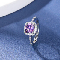 wholesale S925 Silver Ring for Women Korean Style Elegant Synthetic Amethyst Pinky Ring with Diamond-Purple Diamond Ring Adjustable Opening【S925 Silver】