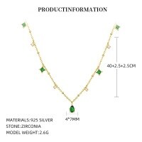 wholesale S925 Sterling Silver Four-leaf Clover Necklace, Adjustable Snake Ring, And Emerald Zircon Earrings Set-A2972_Green Nano/White Zirconium_18K Yellow Plated 925 Silver