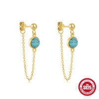 wholesale 925 Sterling Silver New Turquoise Bead Tassel Earring Ear Wire Ear Stud French Style Hot Sale-Gold 925 silver