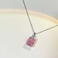 wholesale 925 Sterling Silver Women's Small Square Sugar Ice Flower Cut Pendant High Carbon Diamond Square Chain Minimalist Ins Style Live Streaming Wholesale-Pink Diamond-XL113>925 Silver