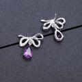 wholesale S925 Sterling Silver Vintage Sweet Elegant Bow Knot Inlaid with Natural Colored Gemstone Crystal Earrings-0-4