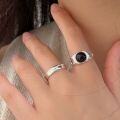 wholesale S925 Sterling Silver Black Agate Round Ring for Women, Japanese and Korean New Style Minimalist and Versatile Geometric Ring-0-3