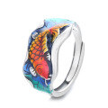 wholesale S925 Sterling Silver Vintage Literary Resin Colorful Lotus Koi Fish Six-Character Mantra Matte Adjustable Ring-0-4