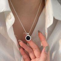 wholesale S925 Sterling Silver Round Black Agate Necklace for Women Korean Summer New Arrival Versatile Minimalist Choker-Sterling silver