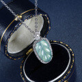 S925 Silver, Gold-Plated, and Diamond Natural Aqua Jadeite Leaf Pendant Necklace-0-2