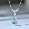 wholesale S925 Sterling Silver Blue Teardrop Aquamarine Necklace Women Summer Fresh Birthstone Collarbone Chain-0-0