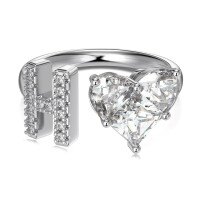 wholesale S925 Sterling Silver European and American Cross-Border Women's Ring with Personalized Letters, Heart, Zircon Inlaid, Adjustable Opening Silver Jewelry for Women-Platinum DY121156-SW-WH(H) Adjustable opening
