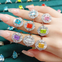 wholesale S925 Sterling Silver 15ct Princess-Cut Diamond Wedding Ring with Ice Flower Cut, Luxurious and High-End 6*8 Colored Gemstone High-Carbon Diamond Women's Ring-Fireworks G-02 Chinese Red US size 5#
