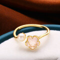 wholesale S925 Silver Plated 14K Gold Pink Crystal Natural Pearl Adjustable Open Ring Japanese Light Luxury Jewelry Cherry Blossom Set-0-3