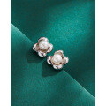 wholesale 925 Sterling Silver Floral Pearl Earrings for Women, Minimalist Niche Design with a Luxe Feel, French Retro Shell Pearl Studs-0-2