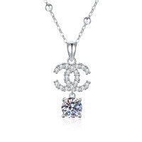 S925 Silver Moissanite Necklace, Double C Pendant, Light Luxury Style-6.5mm high-carbon stone + (cross bead chain)  925 silver