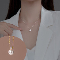 wholesale 925 Sterling Silver Four-Prong Diamond Accented Synthetic Pearl Necklace, New Korean Style Versatile Choker Gift D8836-S925 silver necklace gold 925 silver