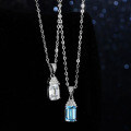 Sterling Silver Natural Blue Topaz Moissanite Necklace Pendant, 1ct Emerald Cut-0-0