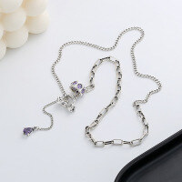 wholesale S925 Sterling Silver Creative Bow Knot with Three-Color Zirconia Tassel Necklace, Super Fairy Design Sense Sweet and Cool Style Necklace-319FL/Purple Approx. 12.3g 925 Silver