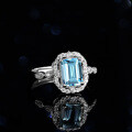 Sterling Silver Natural Blue Topaz Moissanite 1ct Emerald Cut Rectangle Ring-0-0