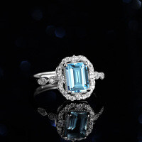 Sterling Silver Natural Blue Topaz Moissanite 1ct Emerald Cut Rectangle Ring-Set with white moissanite  Adjustable opening
