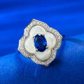 wholesale S925 silver ring with white mother-of-pearl inlay and 4*6mm royal blue, fashionable, delicate, vintage-style, elegant, live-streaming collection-0-0