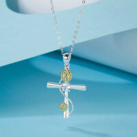 S925 Silver Cross Pendant with Pink Diamond and Sapphire Wholesale-[Floral Cross] April White (Daisy) Copper  925 Silver