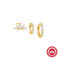 wholesale S925 Sterling Silver Classic Five-Pointed Star Earring Set with Zircon and Flower Petals-3-piece set Gold#1 925 silver