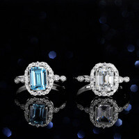 Sterling Silver Natural Blue Topaz Moissanite 1ct Emerald Cut Rectangle Ring-Set with blue topaz  Adjustable opening