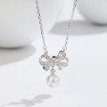 wholesale S925 sterling silver runaway princess full diamond bow pendant women's pearl necklace elegant design collarbone chain with engraving-0-0
