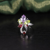 wholesale S925 Sterling Silver Original Design Natural Peridot Ring with Flower, Garnet, and Crystal Colored Ring for Women-Natural Garnet + Peridot + Amethyst Ring  US size 7 (domestic size 15)