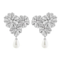 wholesale S925 Sterling Silver Small Ins Minimalist Style Personalized Floral Inlaid Crystal Pearl Drop Earrings for Women-White gold [with silicone earplugs] &gt; 925 silver