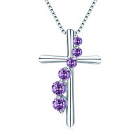 S925 Silver Cross Pendant with Pink Diamond and Sapphire Wholesale-[Cross] February (Purple)  925 Silver