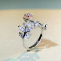 wholesale 925 Sterling Silver Adjustable Open Ring with Pink Diamond, Leaf Design, Ins Style Minimalist Ring-0-2