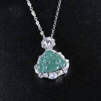 S925 Silver Gold-Plated Diamond Accent Natural Aqua Jadeite Buddha Pendant Necklace-Inlaid with blue-green jadeite  925 silver