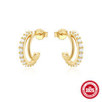 wholesale 925 Sterling Silver C-Shaped Wave Single Row Diamond Accent Earrings, Cross-Border Hot Seller, Classic Versatile Irregular Hoops-Gold#1 925 Silver
