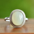 wholesale 925 Sterling Silver with Hetian Jade Oval Adjustable Open Ring for Women, with Certificate-0-0