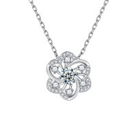 S925 Sterling Silver Moissanite Lace-Trimmed Hollow Pendant Fully-Set Floral Collarbone Necklace-50-point moissanite necklace (white gold)  925 silver