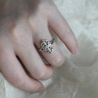 wholesale S925 Sterling Silver Vintage Medieval Cross Fleur-de-Lis Ring, Niche Design with High-End Elegance and Delicate Adjustable Open Band-White gold Adjustable opening