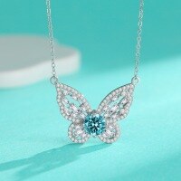 wholesale S925 Sterling Silver 1ct Moissanite Butterfly Pendant Necklace with Full Diamond Accents, Unique Design for Cross-Border Hot Sales-1 carat (lake blue moissanite) necklace 925 silver