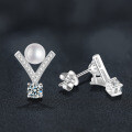 S925 Silver V-Shaped Pearl Earrings with D Color Moissanite and Natural Freshwater Pearls-0-1
