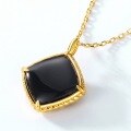 wholesale S925 silver gold-plated Japanese retro-style black agate geometric lattice pendant necklace with an elegant vintage diamond-shaped pendant-0-1