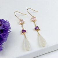 wholesale 925 Silver Gold-Plated Ancient Style Long Earrings with Natural Mother-of-Pearl and Crystal for Women-Teardrop long ancient style earrings