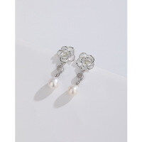 wholesale 925 Sterling Silver Pearl Earrings, Luxe Sophisticated Camellia Floral Studs, Unique Elegant Long Drop Dangle Earrings-Freshwater Pearl Earrings with Plastic Earplugs>925 Silver